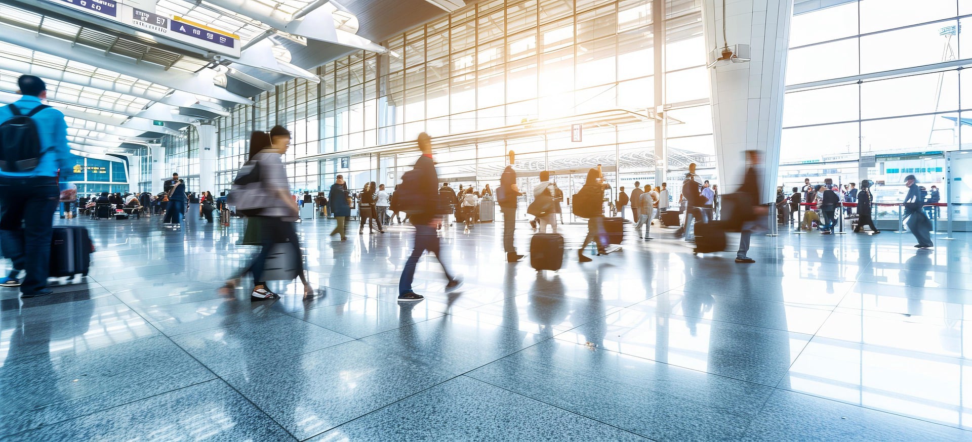 People walking through a modern airport terminal symbolizing business mobility, customer reach, and connectivity