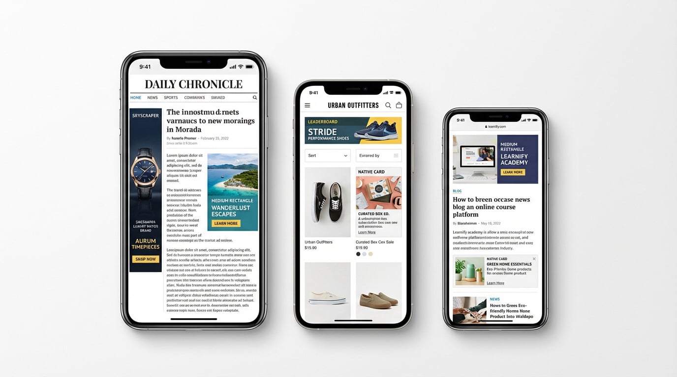 Three smartphone screens displaying integrated in-content display ads across news, retail, and blog websites, illustrating how targeted local ads appear naturally within everyday mobile browsing
