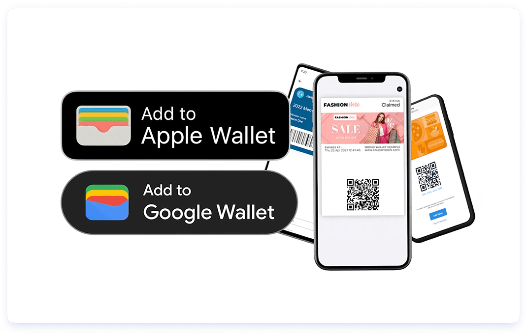 Smartphone screens displaying digital wallet passes, coupons, and membership cards, alongside ‘Add to Apple Wallet’ and ‘Add to Google Wallet’ buttons, illustrating seamless mobile wallet integrations